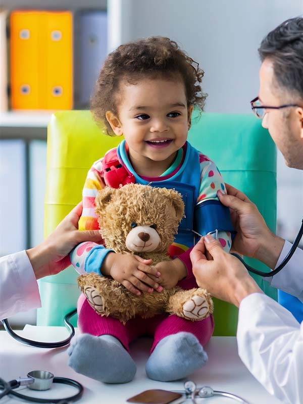 Mãe e filha conversando com pediatra em consultório